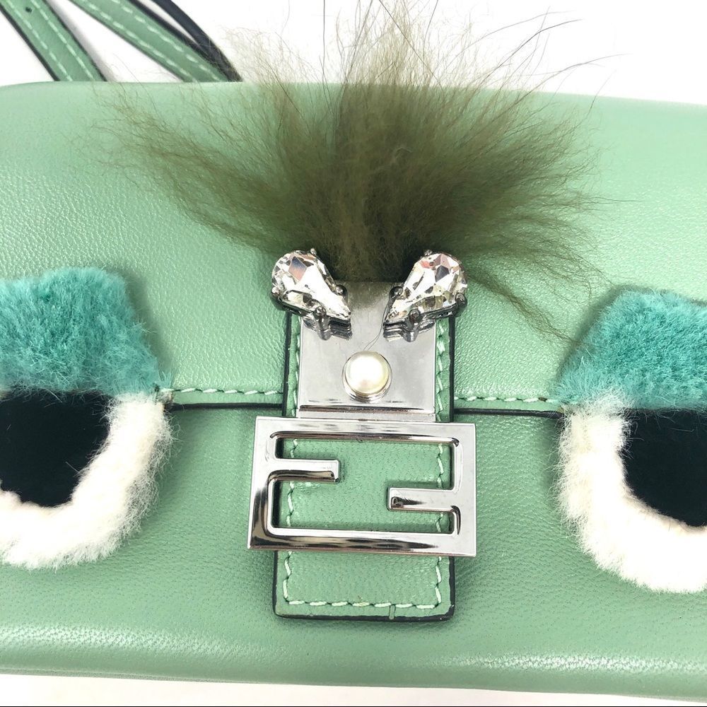 FENDI Monster Micro Baguette Mint Leather Crossbody Bag w/RFID - Picture 8 of 17